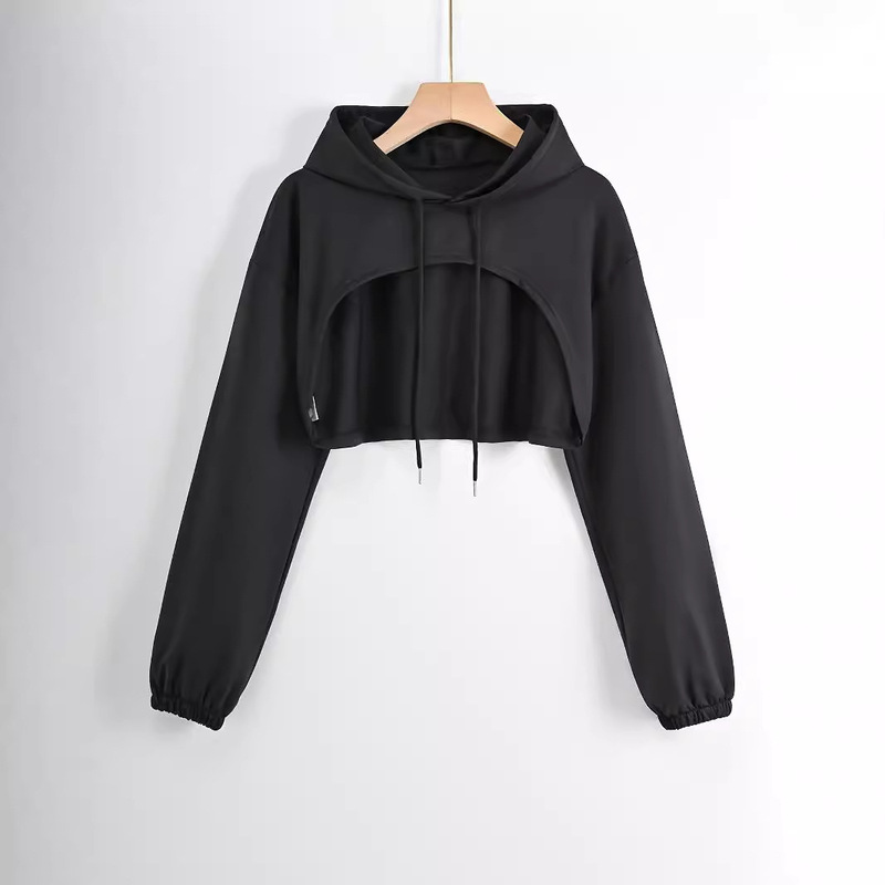 Warehouse Cross-Border Women's Thin Fish Scale Cloth 280g Hooded Short Navel-Baring Long-Sleeved Export Women's Sweatshirt