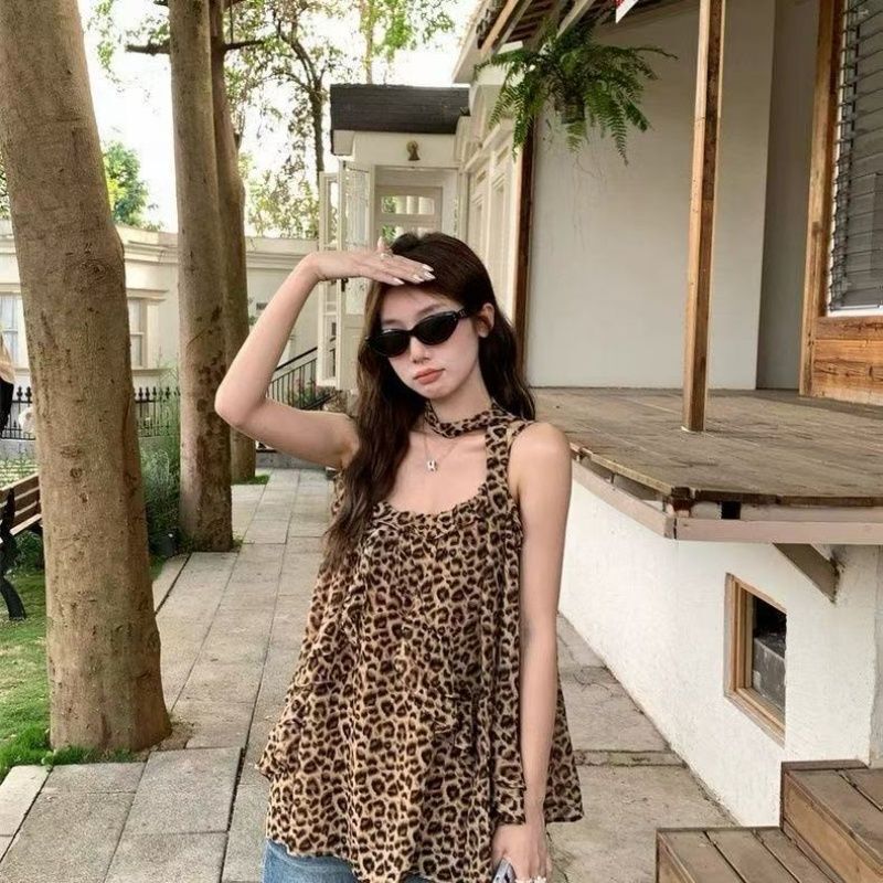 Sweet and Cool Leopard Print Ribbon Strap Vest for Women, Summer Design with Retro Ruffles, Loose Sleeveless Top Sweet and Cool Leopard Print Ribbon Strap Vest for Women, Summer Design with Retro Ruffles, Loose Sleeveless Top