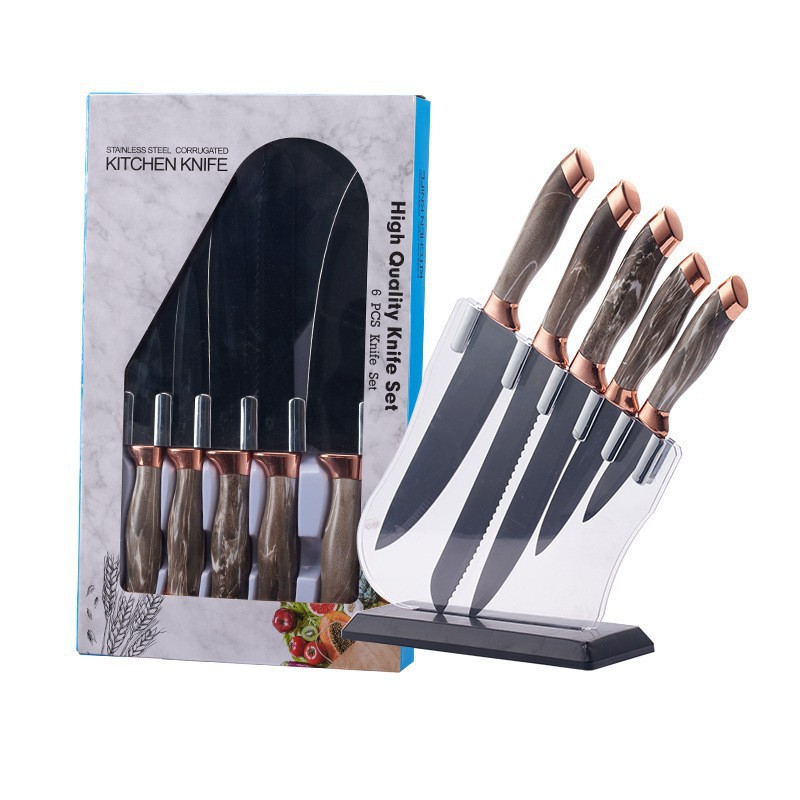 Juego de caja de regalo de mango de cabezal de doble galvanoplastia de patrón de mármol de 6 piezas de cuchillos de debut de punto de comercio exterior