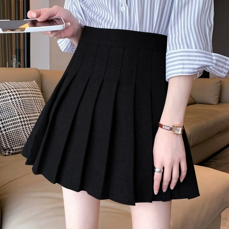 Черная плиссированная юбка женская осень с высокой талией