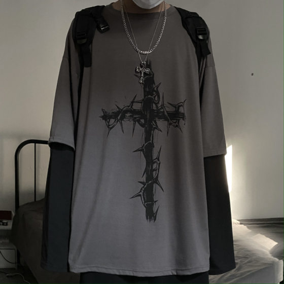 Retro High Street Diablo Hip-Hop Harajuku Thorn Cross Printed Loose Fake Two-Piece Stitching Long-Sleeved T-Shirt for Men