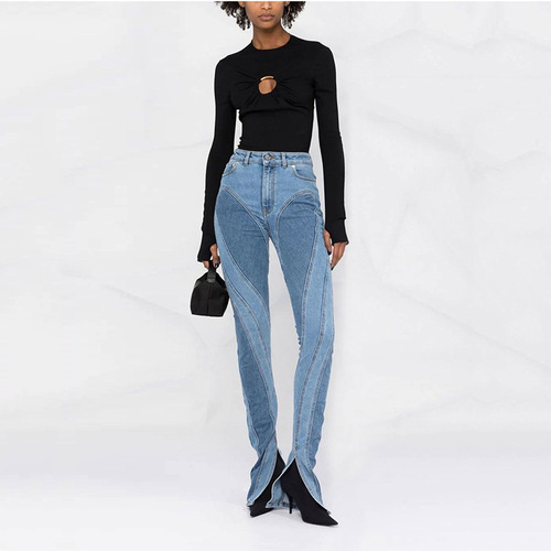 European and American trendy brand slit jeans for women in autumn and winter new style slimming high-waisted trousers with heavy-duty splicing design