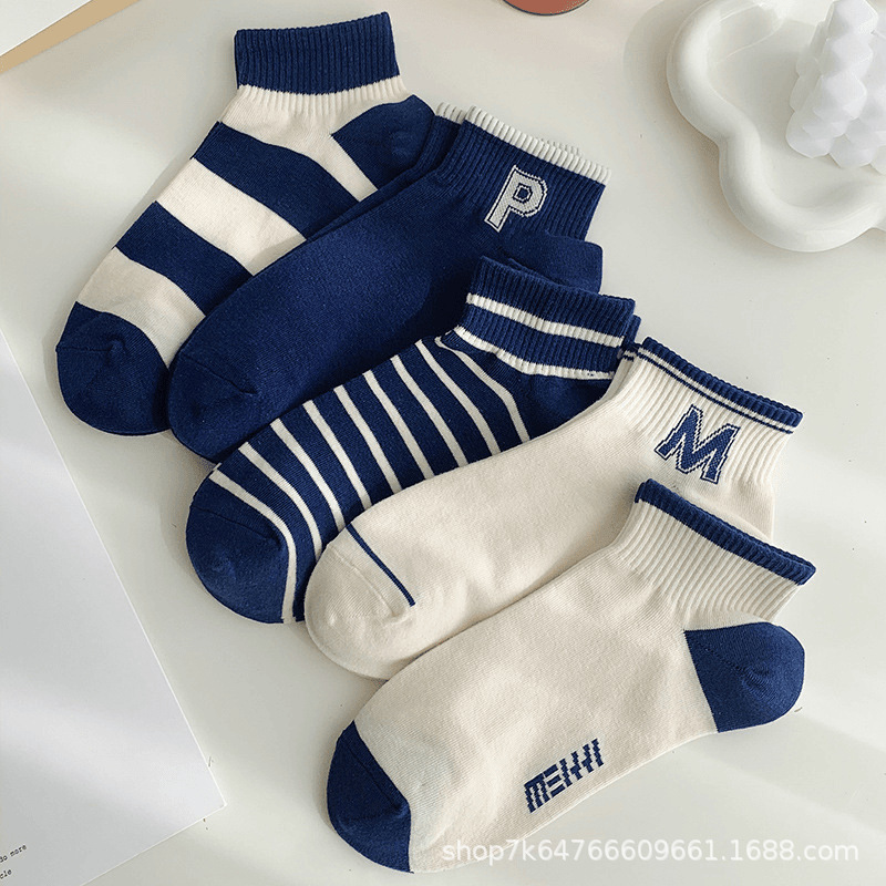 Men's Short Socks Trendy Brand Ins Navy Dark Blue Striped Socks College Style Letter Ankle Socks Sports Short Socks