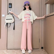 女童夏装阔腿裤套装2025新款中大童韩版印花T恤长裤韩版两件套潮
