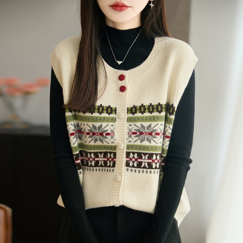 2026 Spring and Autumn Christmas Snowflake Jacquard Knitted Vest for Women Korean Style Retro Cardigan Sleeveless Sweater Outerwear Trendy