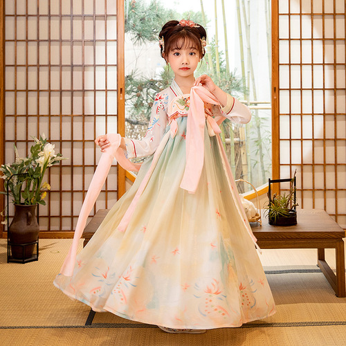 Green pink floral hanfu for kids Chinese style traditional folk costumes girls chest full skirt fairy tang suit photos shooting gift drama cosplay kimono dresses