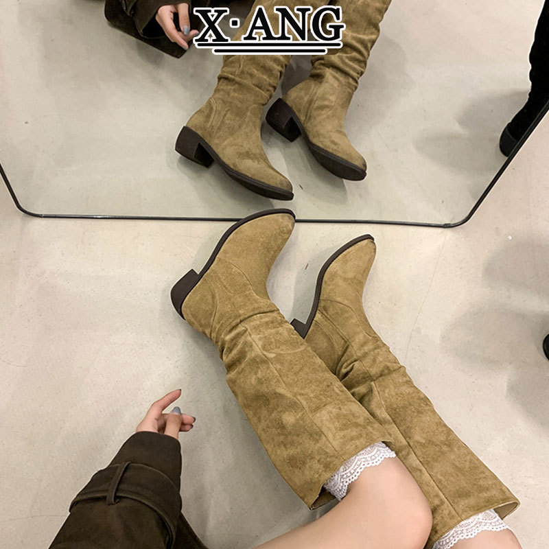 牛皮版不过膝高筒靴子女长筒靴尖头粗跟褶皱堆堆靴西部牛仔骑士靴|undefined