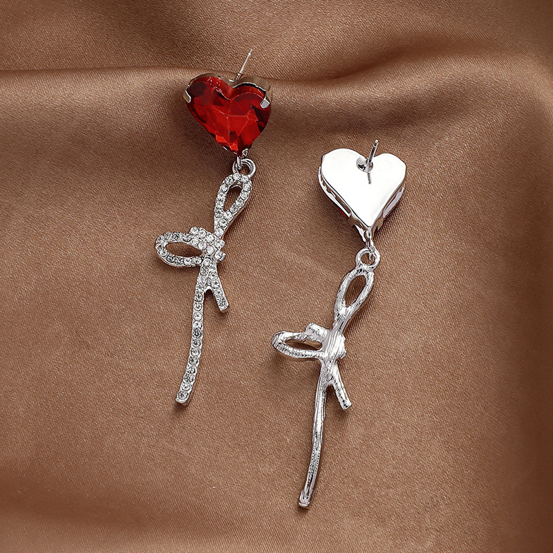 Fashion Red Heart Rhinestone Bow Alloy Earrings Wholesale display picture 3