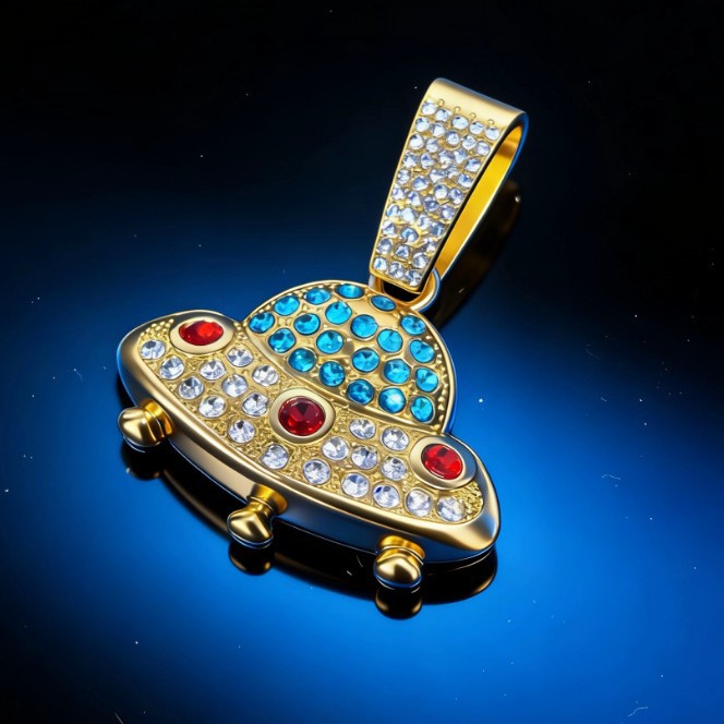 Un disco volador de diamantes OVNI en forma de colgante de cadena cubana explorador cosmológico símbolo de hip-hop calles europeas y americanas hombres y mujeres