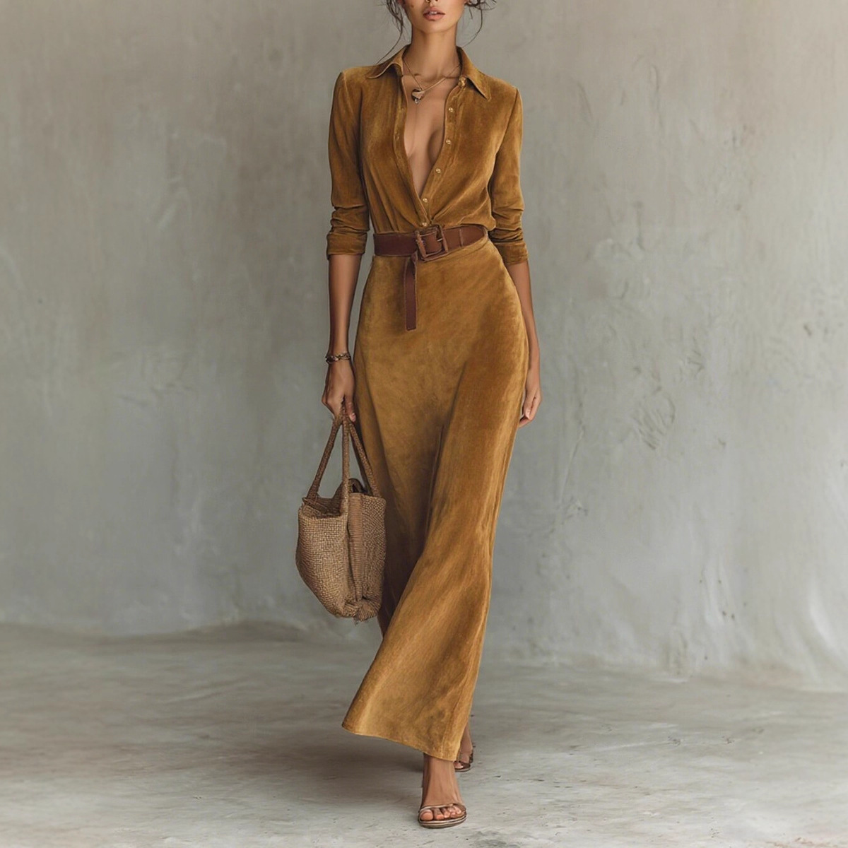 欧美跨境外贸2025秋冬麂皮绒收腰长款连衣裙时尚气质衬衫裙含腰带
