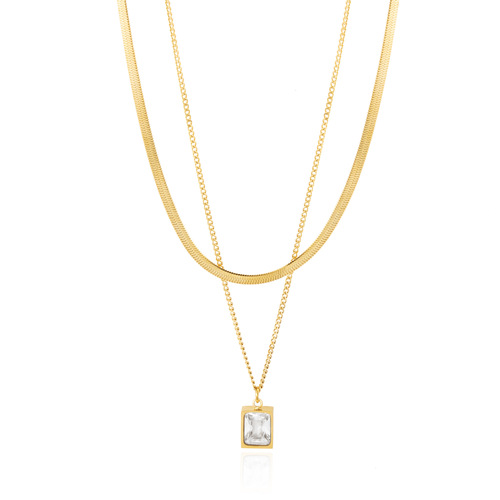 Square diamond pendant necklace, double layered titanium steel plated with 14 gold, simple flat snake chain, fashionable temperament, stainless steel clavicle chain