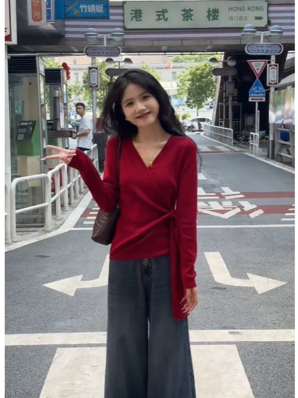 红色毛衣女内搭春秋设计感不规则修身收腰短款长袖打底针织衫上衣|undefined
