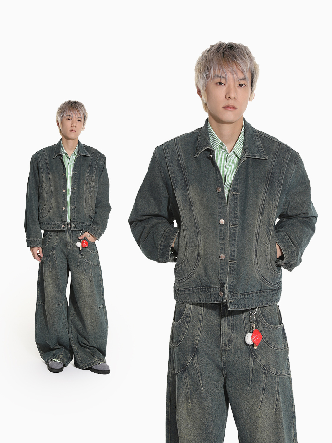 MTLCLOTHES Hombres| Retro estilo americano de la industria pesada empalme corto de hombro conjunto de vaqueros de ocio callejero europeo y americano