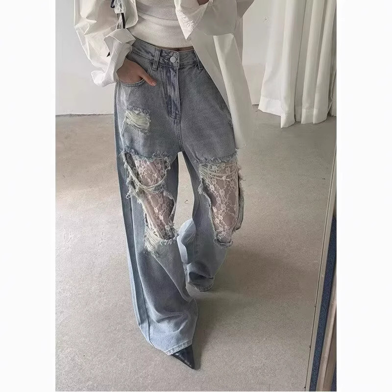 American Retro Lace Splicing Ripped Jeans for Women 2025 Spring and Summer New Style Lazy Style Loose Wide Leg Long Pants American Retro Lace Splicing Ripped Jeans for Women 2025 Spring and Summer New Style Lazy Style Loose Wide Leg Long Pants
