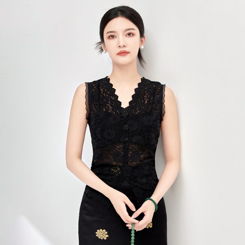 Áo hai dây ren cổ chữ V co giãn đa năng mặc trong hoặc ngoài mùa hè — Màu đen