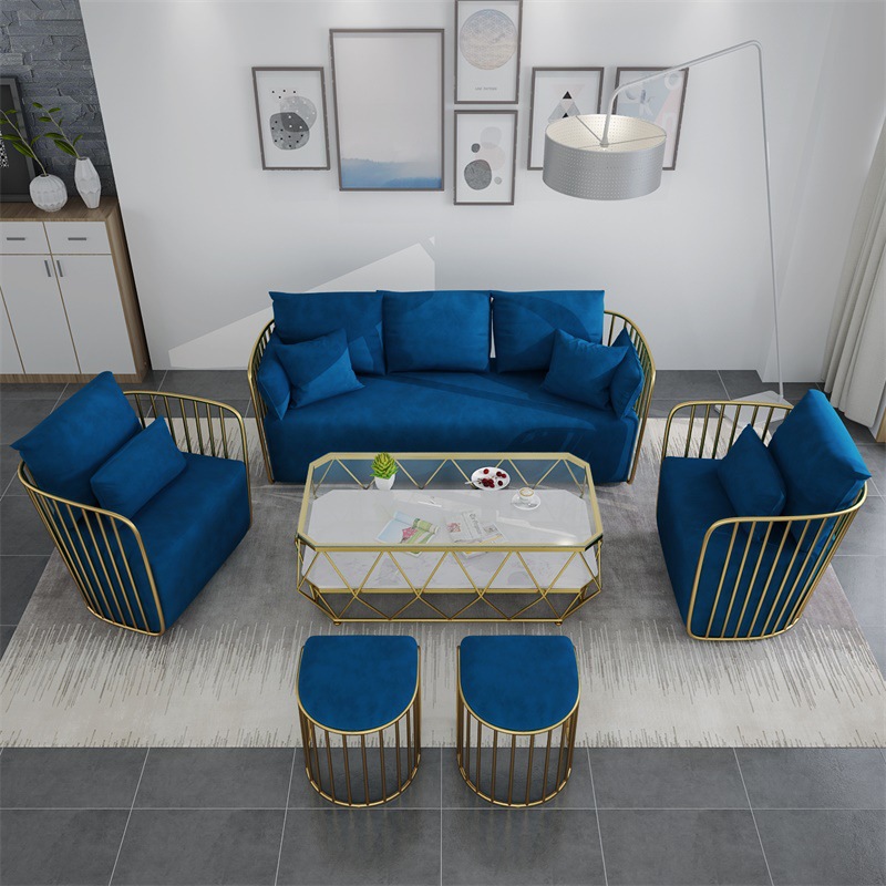 北歐簡約現代雙人輕奢鐵藝單人茶幾組合整裝沙發布藝小戶型客廳