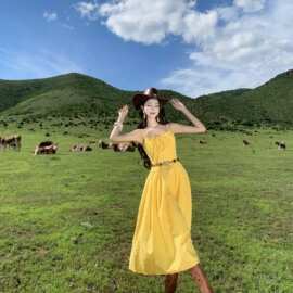 新疆草原川西旅游穿搭多巴胺黄色吊带连衣裙女夏收腰显瘦北疆裙子