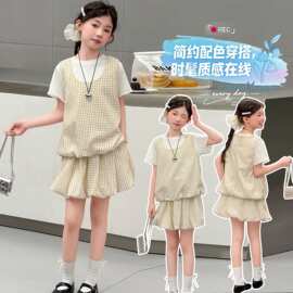 女孩韩系波点苞裙三件套套2026新款洋气中大童短袖背心洋气套装潮