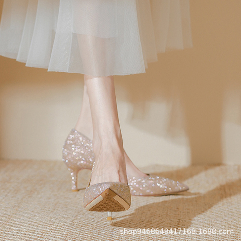 Wedding shoes 2022 new champagne pointed stiletto heel French wedding dress bridal banquet high heels female bridesmaid crystal shoes