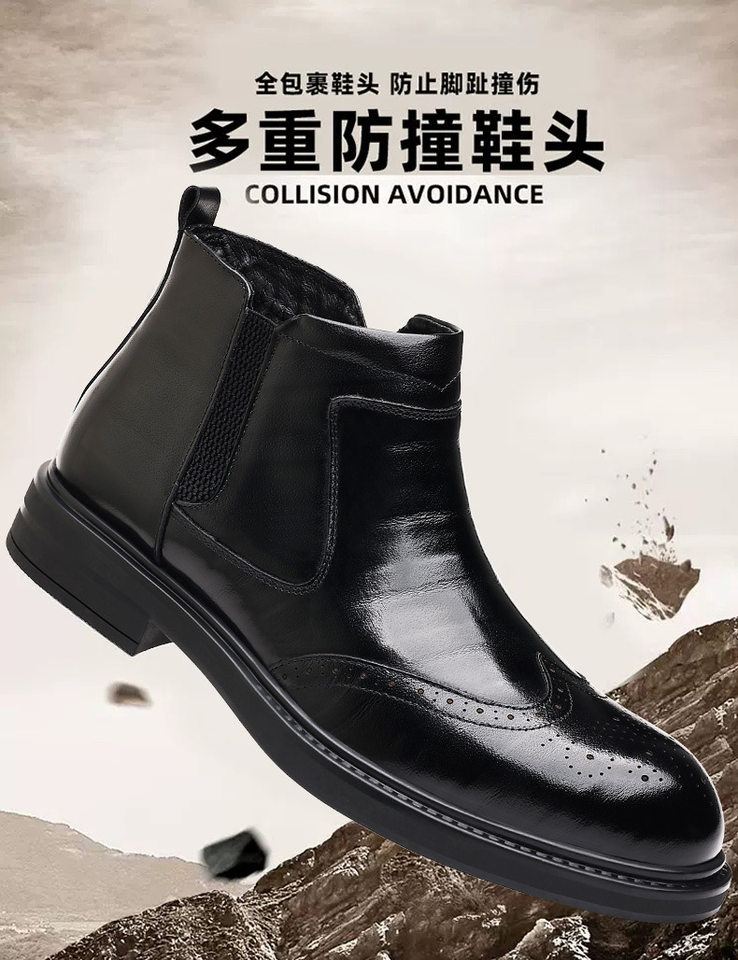 Giày bốt Martin nam da bò thật cổ trung, mũi nhọn, khóa kéo bên hông, gót 3–5 cm — Bốn mùa đen, Lông cừu đen chi tiết 1