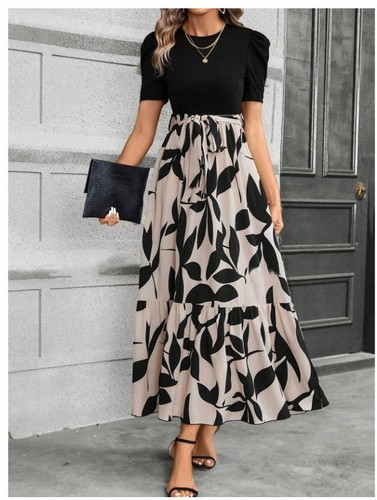 Cross-border women's spring dress 2025 best-selling floral print round neck dress, exotic vacation style elegant dress