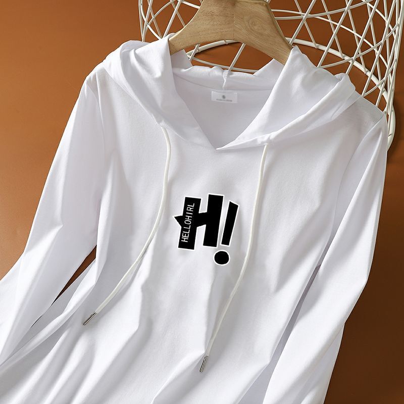 Pure Cotton White Hooded T-Shirt Women's Long-Sleeved Spring & Fall Large Size Women's New Korean Style Versatile Loose Slimming Look Right Shoulder Top