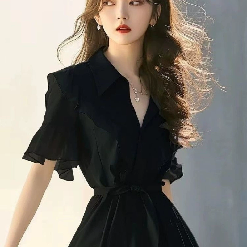 Летнее женское платье-рубашка из Наполи, французское черное, высококачественное, изысканное, с рюшами на талии