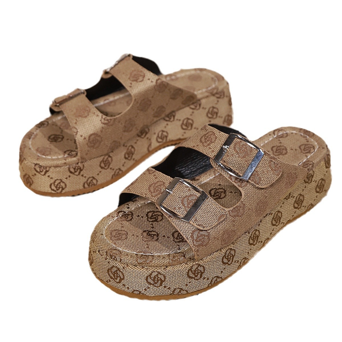 Women's Plus Size Platform Slippers Khaki Rose Double Breasted Canvas Style Casual Outdoor Shoes_voghion.com