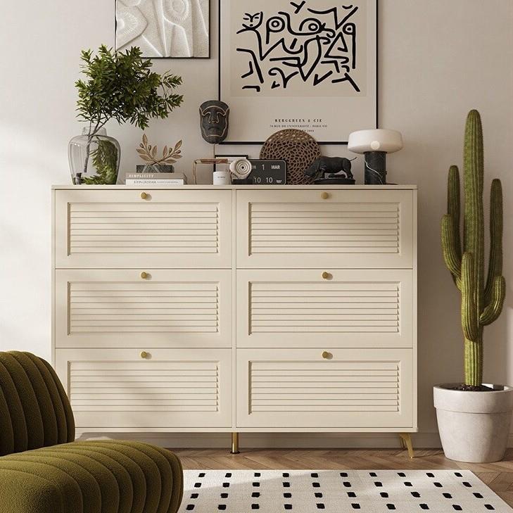 Modern Solid Wood Shoe Cabinet Cream Style Home Entrance Small Narrow Shoe Cabinet Storage Cabinet Integrated Wall Pull Cart