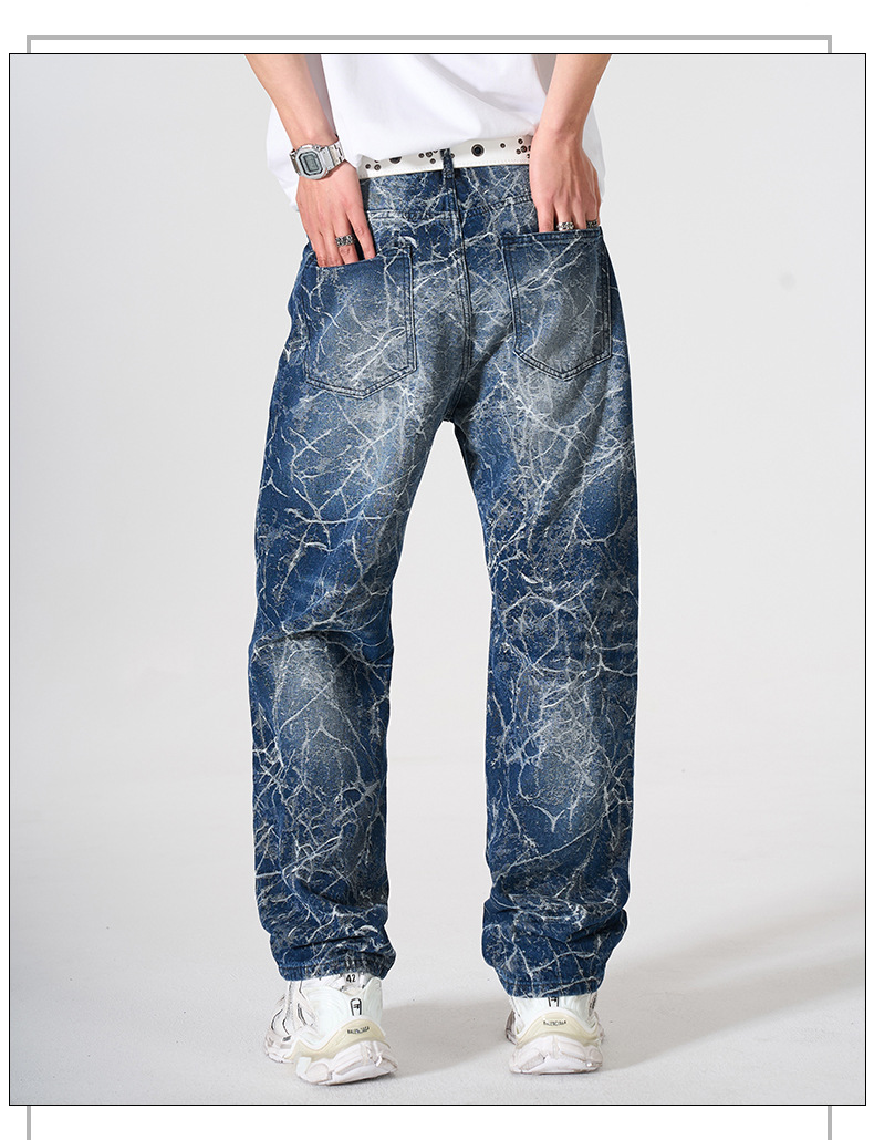 Men's Loose Straight Leg Jeans High Street Lightning Print Retro Cool Wide Leg Trousers For Spring Autumn_mkmklike.com