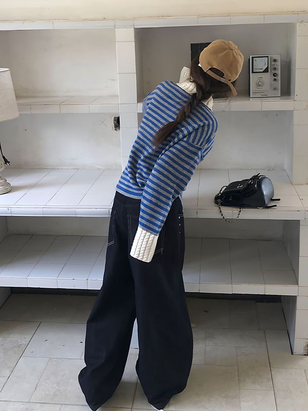 小香风条纹polo领长袖毛衣针织衫女早秋季慵懒松弛感穿搭外套上衣|undefined