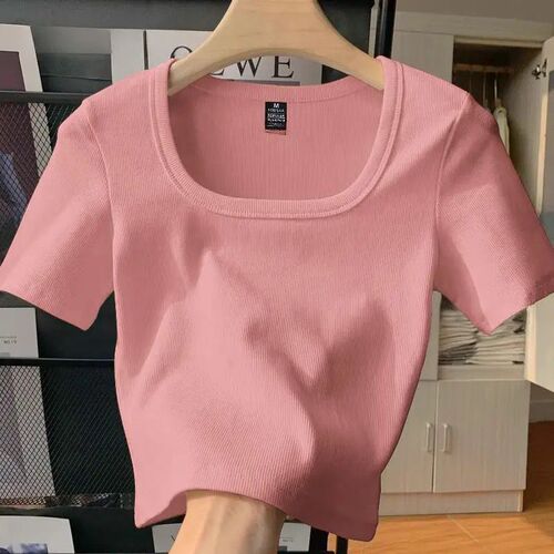 Pure cotton burgundy square collar right shoulder short-sleeved T-shirt for women summer slim fit inner layer short top