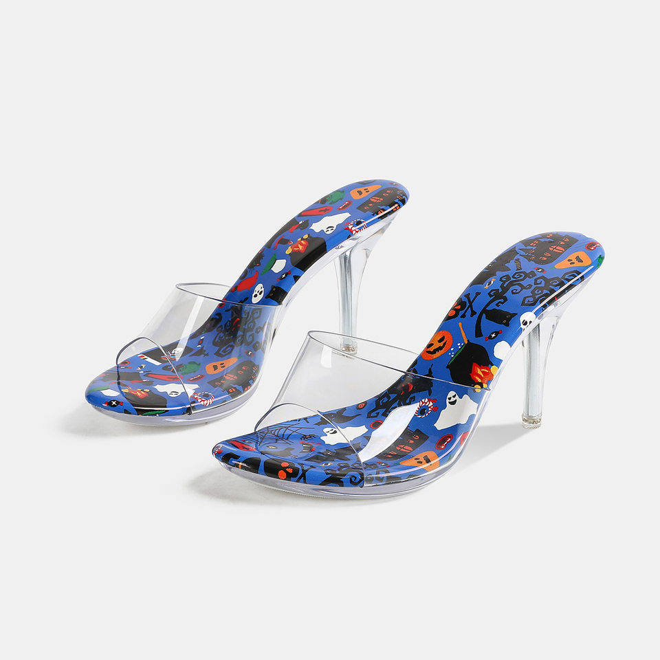 Dép sandal nữ quai ngang mũi hở, đế mỏng gót nhọn cao trên 8 cm, phối họa tiết trong suốt — Màu xanh da trời, trắng, đen