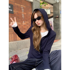 美式拼接假两件长袖t恤女2025早秋新款褶皱收腰显瘦正肩短款上衣