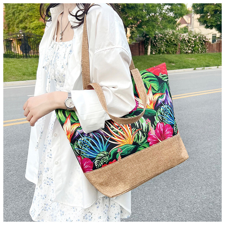 172g Weight Open Closure Type Double Shoulder Straps Strap Type Shoulder Bag Bags Type Travel, Street Occasion Canvas Material Tropical Pattern All Seasons Season Women's Gender Vacation Style Large Size Women's Large Canvas Tropical Vacation Open Shoulder Bag 8
