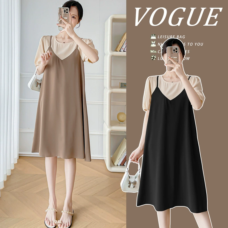 Реальный спот ~ Новая корейская версия тонкого среднего размера плюс размер поддельные две части платья для беременных поддельные