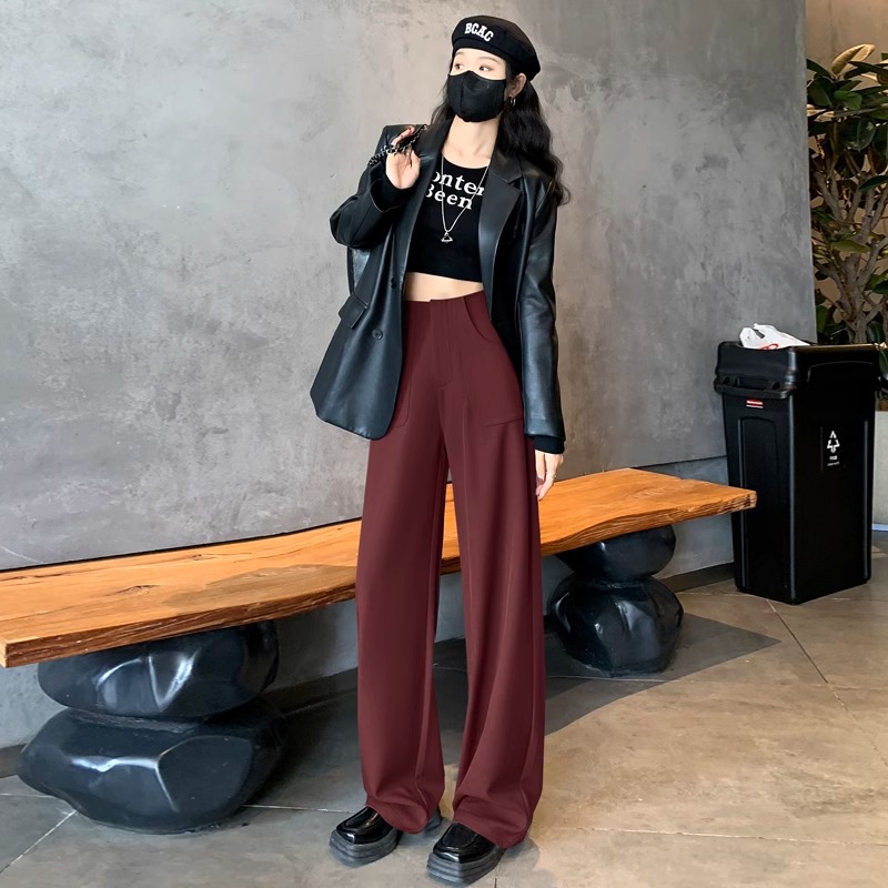 Ángora pantalones de traje rojo para mujeres 2024 otoño nuevo estilo de alto nivel sensación de pluma sensación de pluma variedad de pantalones de piernas anchas