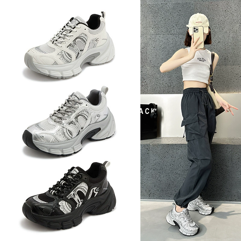 Весна/лето 2025: новые модные спортивные кроссовки на толстой подошве с сетчатым верхом, на шнуровке, универсальные, для студенток.