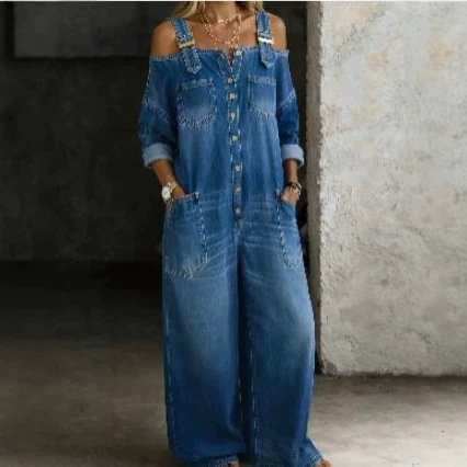 New European and American fashion sexy off-shoulder denim jumpsuit with pockets and wide legs YX2026055