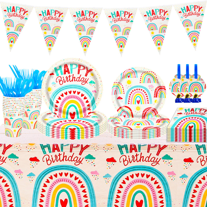 New in stock Rainbow Theme Colorful Christmas Children's Birthday Party Disposable Tableware suit Paper Cup Paper Plate