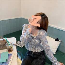 2022新款韩版春秋可盐可甜蓝莓油画雪纺衫洋气长袖方领锁骨上衣女