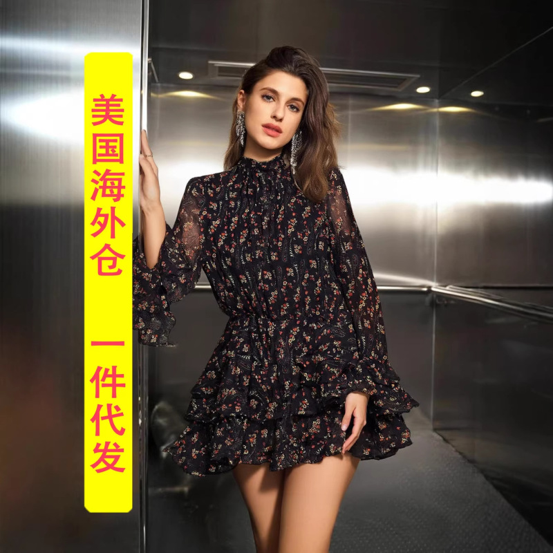 European and American Style Women's Dress with a High-End Feel, Layered High-Neck Long-Sleeve Floral Print Dress, Overseas Warehouse European and American Style Women's Dress with a High-End Feel, Layered High-Neck Long-Sleeve Floral Print Dress, Overseas Warehouse