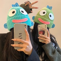 丑鱼帽子女秋冬季毛线帽韩版显脸小保暖针织帽可爱丑萌搞怪护耳帽