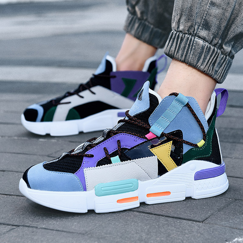 Summer Men's Trendy Size 46 Flykni Breathable Mesh High-top Sneakers Color-blocking Dad Casual Shoes_vogvips.com