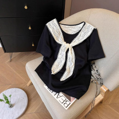 韓国シックな夏のシックなスプライシングショール半袖Tシャツ文学風年齢軽減痩身ルーズラウンドネックトップ女性用
