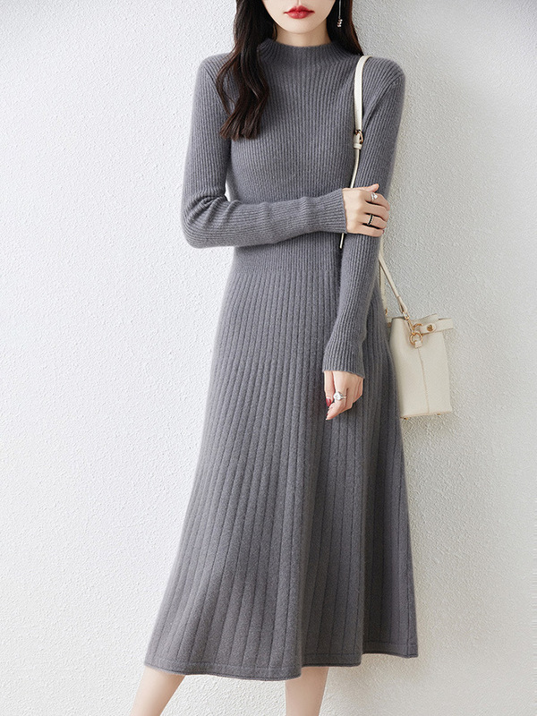 23 autumn and winter half turtleneck full wool dress women's slim knit dress slimming over the knee super long sweater dress fashion