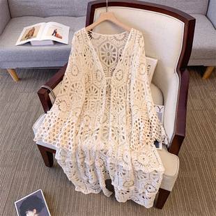2025 Spring New Women's Long Lace Coat with Lace-Up Hook Pattern, Hollow Outerwear, Fashionable, Elegant, Loose and Versatile