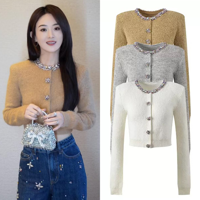 Colored Diamonds! Sp's Zhao Liying's Same Style 2025 Autumn and Winter New Style Sweet Light Brown Camel Wool Knitted Cardigan