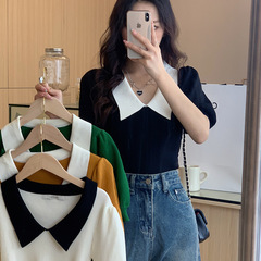 フレンチレトロパフスリーブニットTシャツレディースデザインニッチショートトップ夏の新しいアイスシルクシャツトレンディ