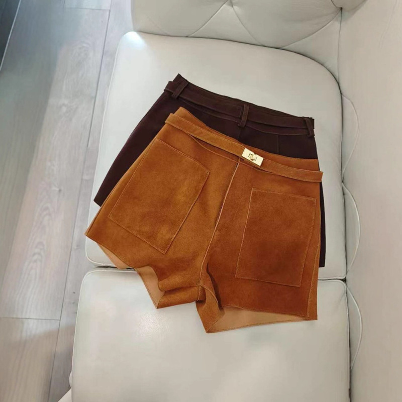 2025 New Fashion Simple Sheep Suede Genuine Leather Shorts for Women Versatile High-Waisted Slimming Leather Shorts